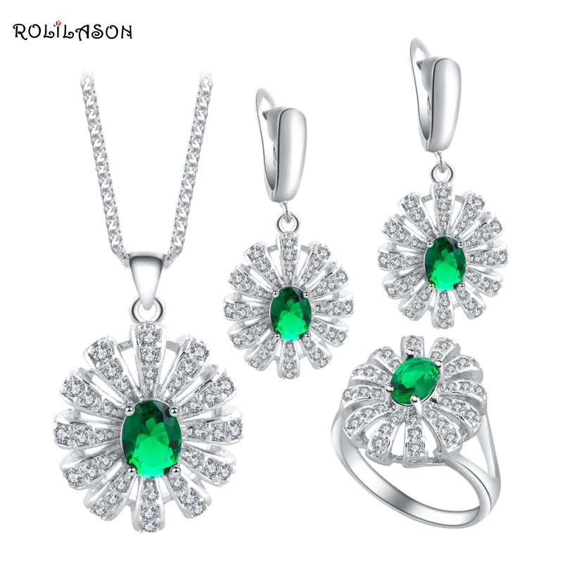 ROLILASON High Quality Green Peridot Silver Stamped Sets Earring /Necklace/Pendant/ Rings Fashion Jewelry for Lover JS685 3