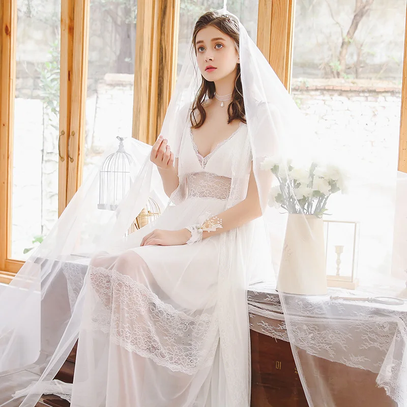 Sexy Robe Set Two Pieces Spaghetti Strap Deep V Neck White Cotton Sleepwear Lace Bathrobe Set Luxury Nightgown Long Negligee
Sexy Robe Set Two Pieces Spaghetti Strap Deep V Neck White Cotton Sleepwear Lace Bathrobe Set Luxury Nightgown Long Negligee