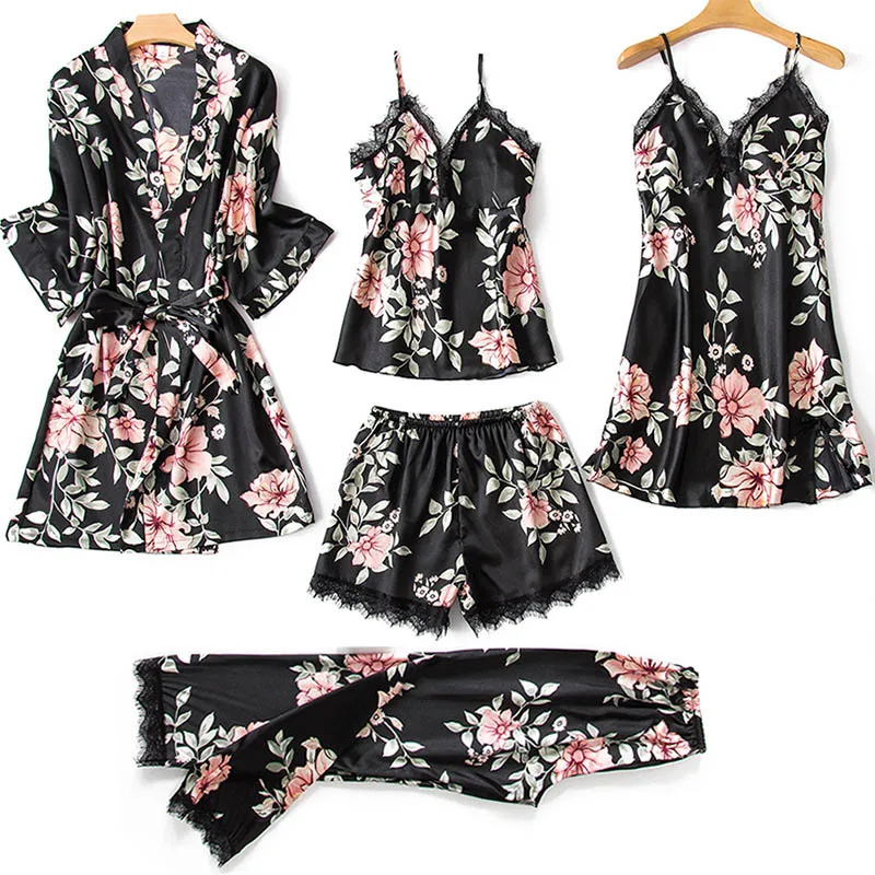 Ladies Sexy Pajama Set Silk Satin 5pcs Suit Pyjamas Sexy Lace Floral Pijama Women Sleepwear Home Wear Lenceria Mujer D78394AD
Ladies Sexy Pajama Set Silk Satin 5pcs Suit Pyjamas Sexy Lace Floral Pijama Women Sleepwear Home Wear Lenceria Mujer D78394AD