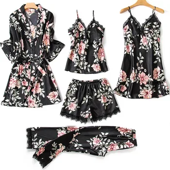Ladies Sexy Pajama Set Silk Satin 5pcs Suit Pyjamas Sexy Lace Floral Pijama Women Sleepwear Home Wear Lenceria Mujer D78394AD
Ladies Sexy Pajama Set Silk Satin 5pcs Suit Pyjamas Sexy Lace Floral Pijama Women Sleepwear Home Wear Lenceria Mujer D78394AD