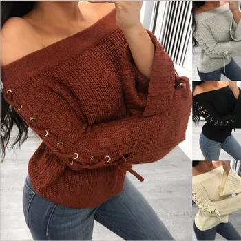 BKLD 2018 Winter Sexy Women Off Shoulder Long Sleeve Hollow Out Knitted Pullover Solid Casual Loose Flare Sleeve Lace Up Sweater
BKLD 2018 Winter Sexy Women Off Shoulder Long Sleeve Hollow Out Knitted Pullover Solid Casual Loose Flare Sleeve Lace Up Sweater