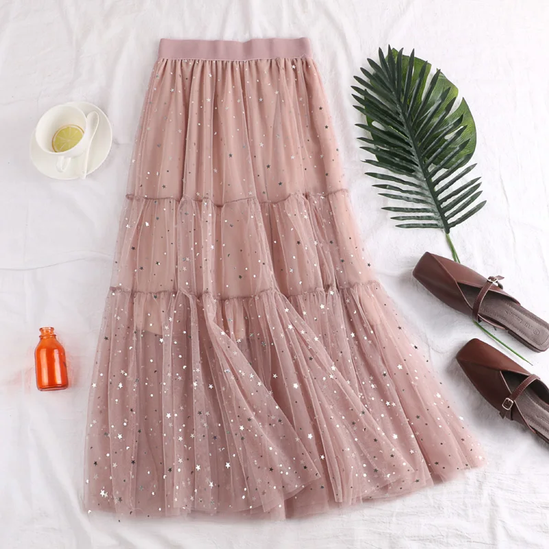 Spring Women Solid Sequins Decorate Slim Tulle Skirt Elastic Waist Mid-calf A-line White Pink Blue Pleated Casual Fairy Skirt
Spring Women Solid Sequins Decorate Slim Tulle Skirt Elastic Waist Mid-calf A-line White Pink Blue Pleated Casual Fairy Skirt