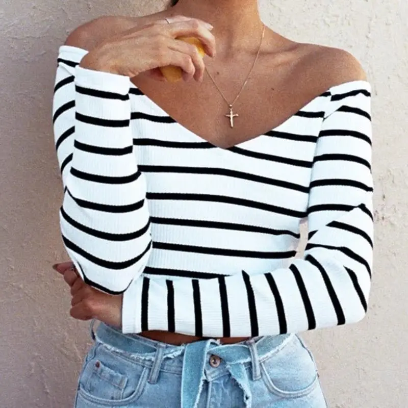 2017 Women Lady Off-Shoulder T shirt Sexy V Neck Long Sleeve Striped Slim Fit Tops Crop Top Casual Tops T-Shirt
2017 Women Lady Off-Shoulder T shirt Sexy V Neck Long Sleeve Striped Slim Fit Tops Crop Top Casual Tops T-Shirt