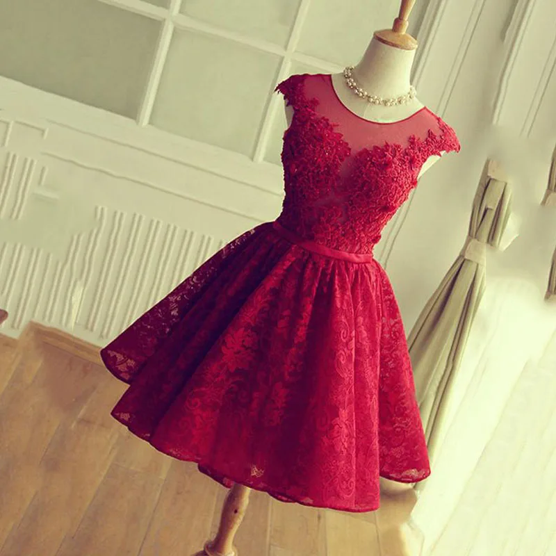 A-line round Sheer Neck Short Red Lace Prom Dress Sleeveless Bridesmaid Dress Simple Knee Length Hollow Back with Lace-up
A-line round Sheer Neck Short Red Lace Prom Dress Sleeveless Bridesmaid Dress Simple Knee Length Hollow Back with Lace-up
