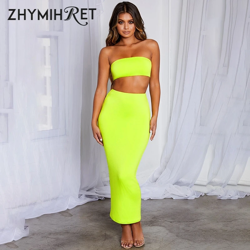 

ZHYMIHRET 2019 Summer Neon Tube Top Two Piece Set Long Dress For Women High Waist Strapless Bodycon Party Maxi Dress Robe Femme