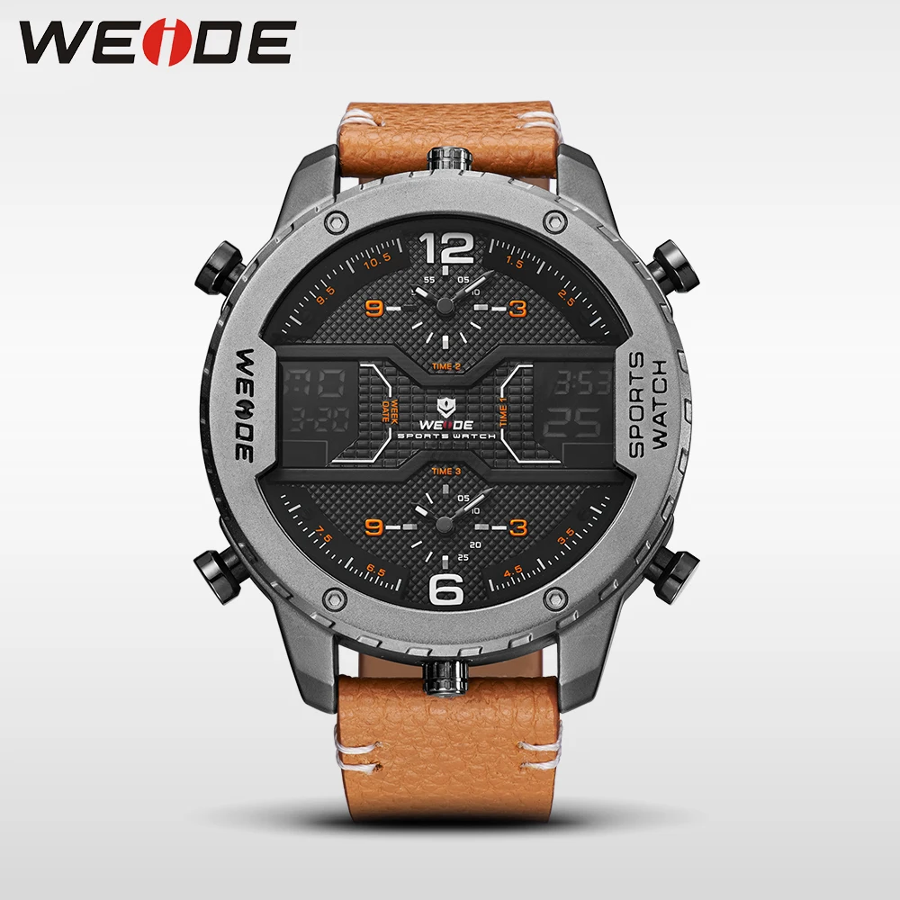 

WEIDE luxury brand quartz leather strap sports analog digital display repeater calendar auto date alarm multiple time zone watch