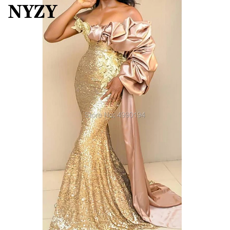 

Africa Mermaid Dress Evening 2019 NYZY E177 One Long Sleeve Gold Sequin Evening Gown robe soiree Dubai vestido longo festa