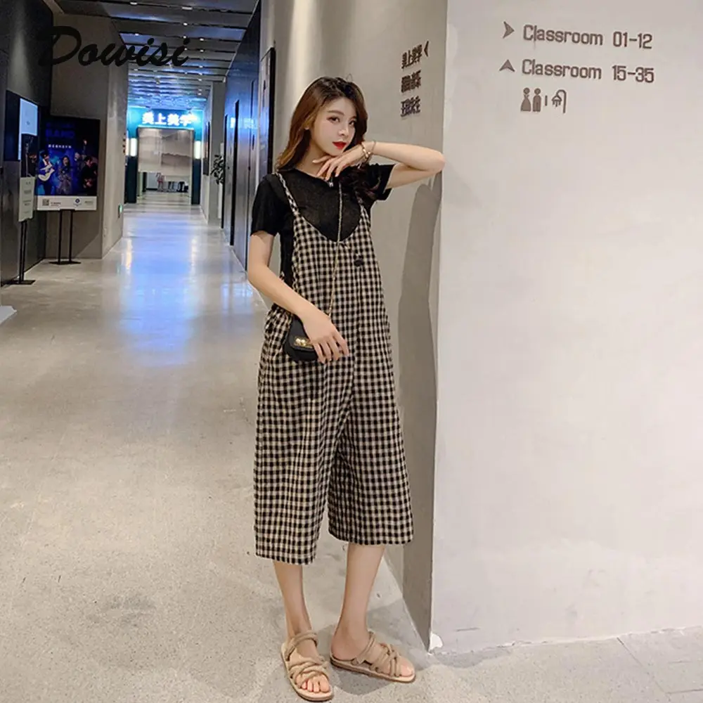 Dowisi women clothes summer 2pcs clothing suit casual female t shirt + plaid Jumpsuit wide leg carf length pants tops set
Dowisi women clothes summer 2pcs clothing suit casual female t shirt + plaid Jumpsuit wide leg carf length pants tops set