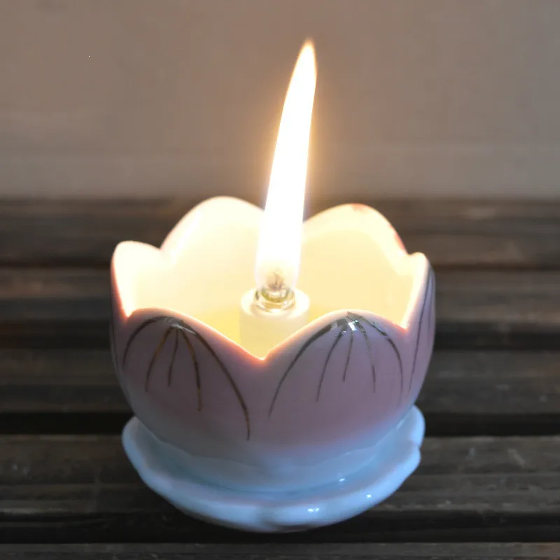 Buddhist Supplies Ceramic Large Lotus Butter Lamp For Buddha Long 