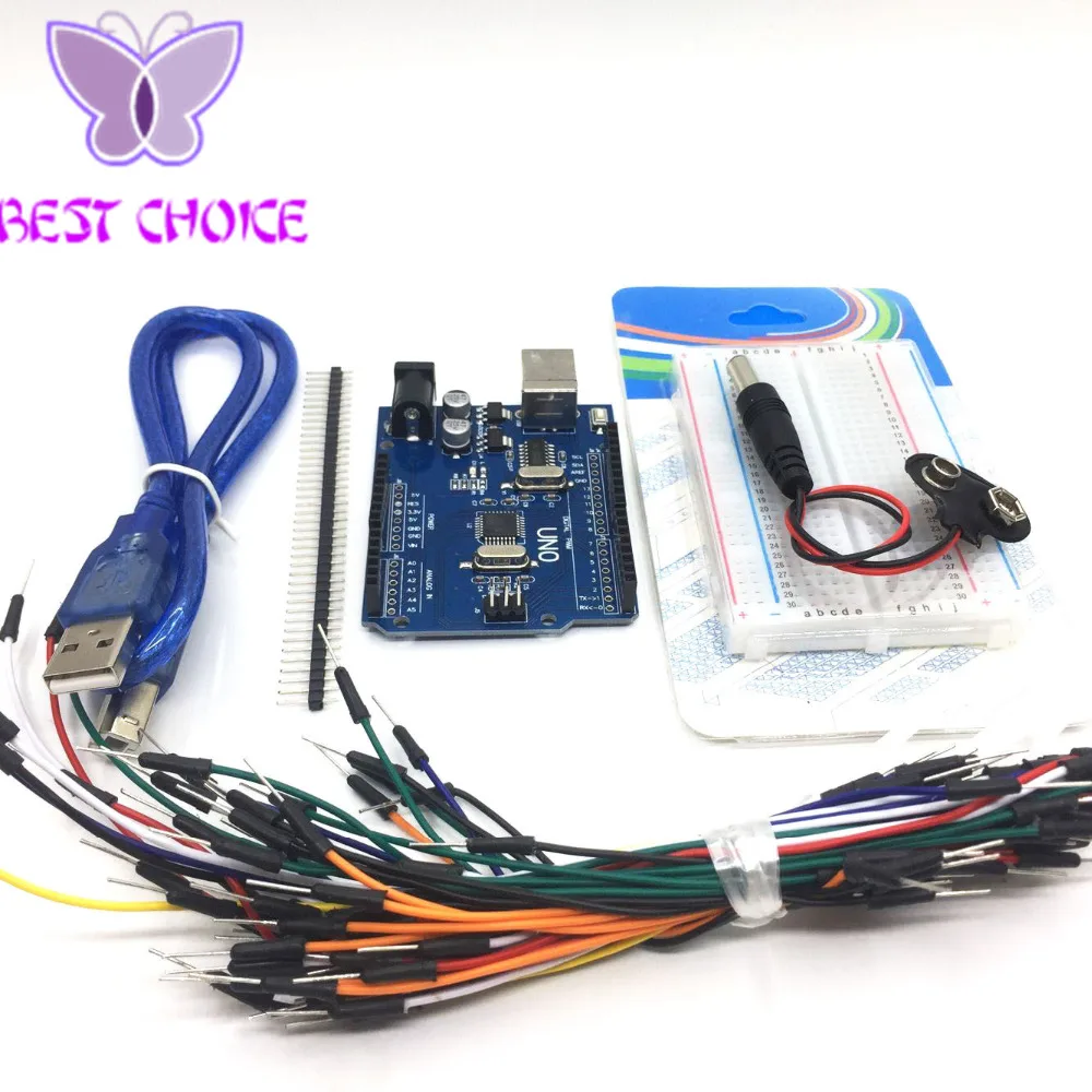 Starter Kit for arduino Uno R3 - Bundle of 5 Items: Uno R3, Breadboard, Jumper Wires, USB Cable and 9V Battery Connector
Starter Kit for arduino Uno R3 - Bundle of 5 Items: Uno R3, Breadboard, Jumper Wires, USB Cable and 9V Battery Connector