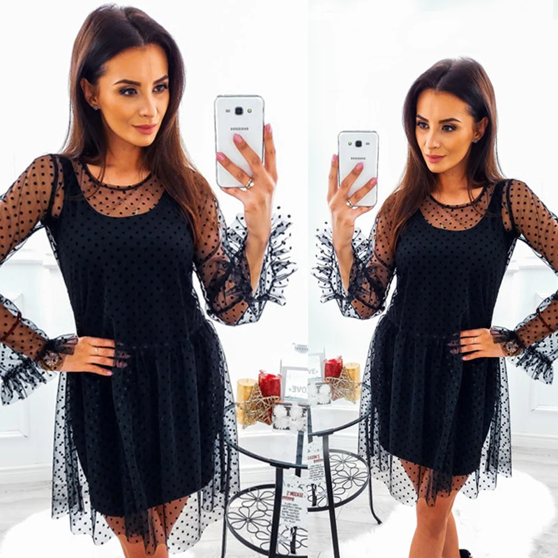 2019 Women Summer Sexy Hot Fashion Dress Mesh Dot Two-Piece Solid Elegant Long Sleeve Mini Party Vintage Female Vestidos
2019 Women Summer Sexy Hot Fashion Dress Mesh Dot Two-Piece Solid Elegant Long Sleeve Mini Party Vintage Female Vestidos