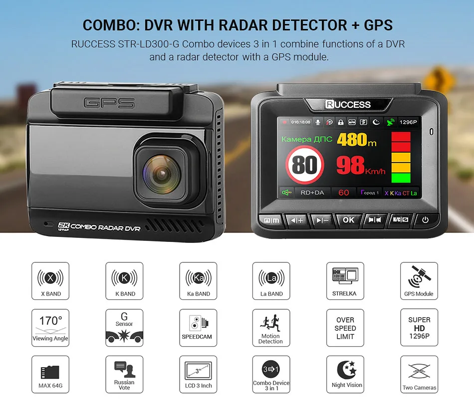 Ruccess DVR Radar Detector GPS 3 in 1 Car DVR FHD 1296P 1080P Dual Lens Dash Cam Speed Cam Anti-Radar Video Recorder Car Camera (4)