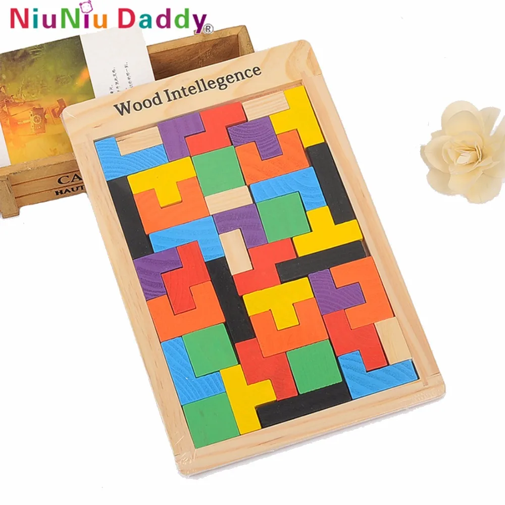 

Niuniu Daddy Children Wood Intelligence Tangram Board Montessori Wooden Puzzle Jigsaw Board Tetris Russian Kids Toys