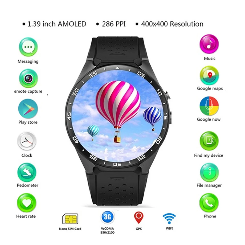 

KW88 3G WIFI GPS bluetooth smart watch Android 5.1 MTK6580 CPU 1.39 inch 2.0MP camera smartwatch for iphone huawei phone watch