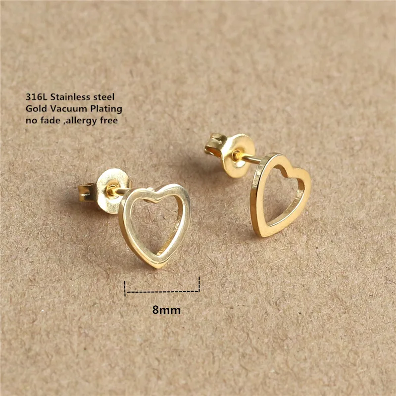 Titanium 316L Stainless Steel Gold-color IP Planting Stud Earrings Hollow Out Heart 8mm No Fade Allergy Free Fashion Jewelry
Titanium 316L Stainless Steel Gold-color IP Planting Stud Earrings Hollow Out Heart 8mm No Fade Allergy Free Fashion Jewelry
