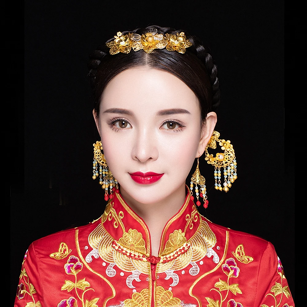 Chinese Bridal Wedding Hair Jewelry Set Gold Color Frontlet Headpiece Comb Side Hair Sticks with Hook Earrings Ancient Headdress
Chinese Bridal Wedding Hair Jewelry Set Gold Color Frontlet Headpiece Comb Side Hair Sticks with Hook Earrings Ancient Headdress