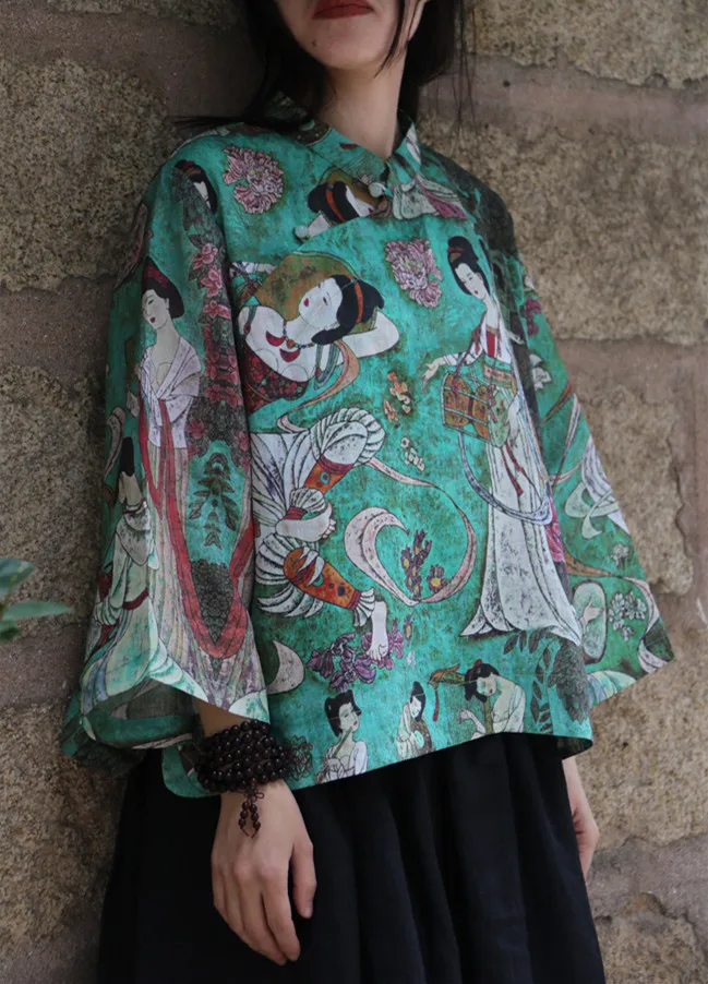 Vintage Beauty Character Print Stand Collar Beads Button Women Linen Shirt, Chinese Traditional Maid Pattern Thin Loose Blouses
Vintage Beauty Character Print Stand Collar Beads Button Women Linen Shirt, Chinese Traditional Maid Pattern Thin Loose Blouses