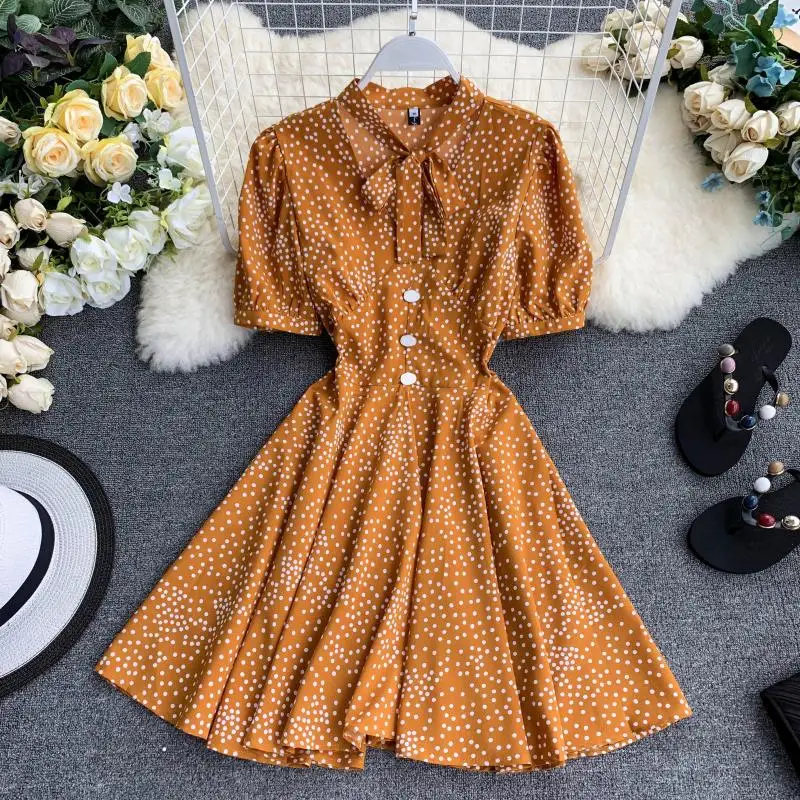 2019 Summer French Retro Round Dots Dress Women Bow Short Sleeve Single-breasted Large Causal Women Dress Elegant
2019 Summer French Retro Round Dots Dress Women Bow Short Sleeve Single-breasted Large Causal Women Dress Elegant