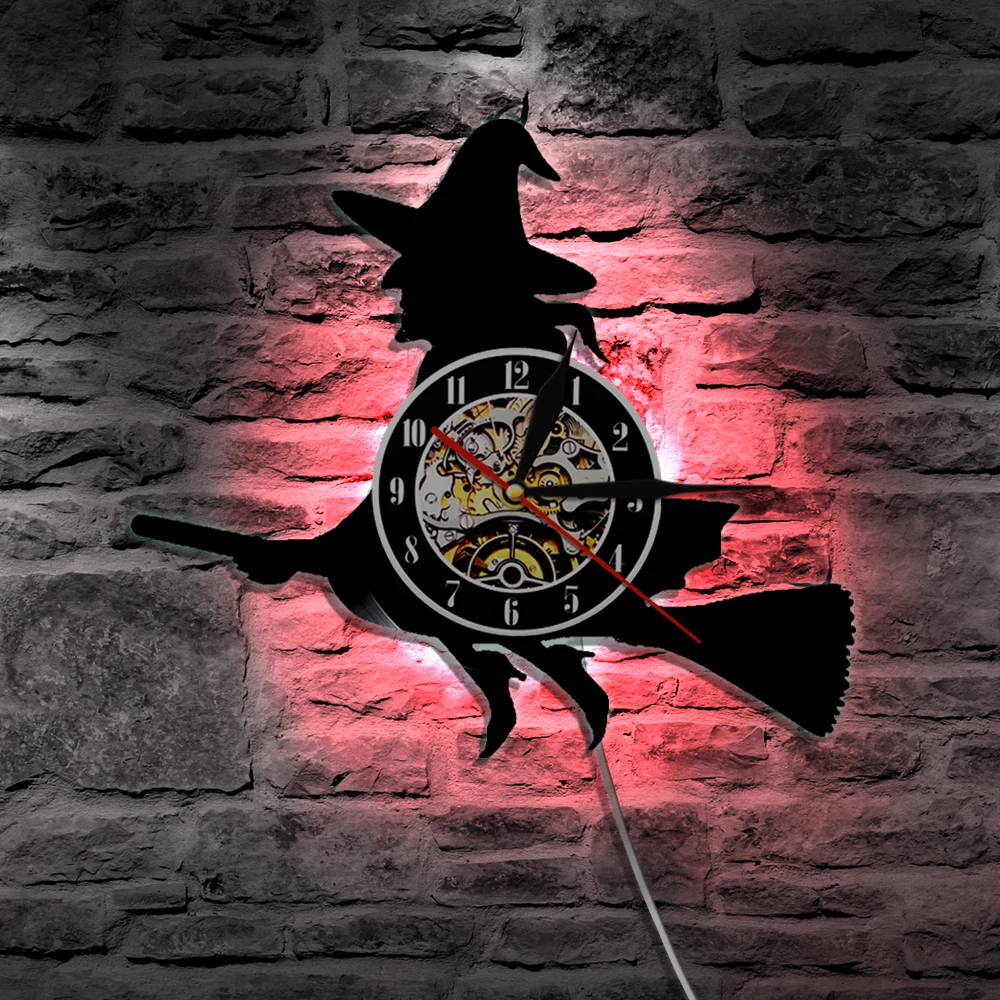 Broomstick Flying Magic Witch Vinyl Record Wall Clock With Colors Changing Halloween LED Night Light Decorative Lighting | Лампы и