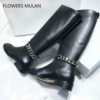 Black Real Leather Knee High Boots Women Round Toe Back Chain Knight Boots Woman Flat Fashion Ankle Boots Winter 
Black Real Leather Knee High Boots Women Round Toe Back Chain Knight Boots Woman Flat Fashion Ankle Boots Winter