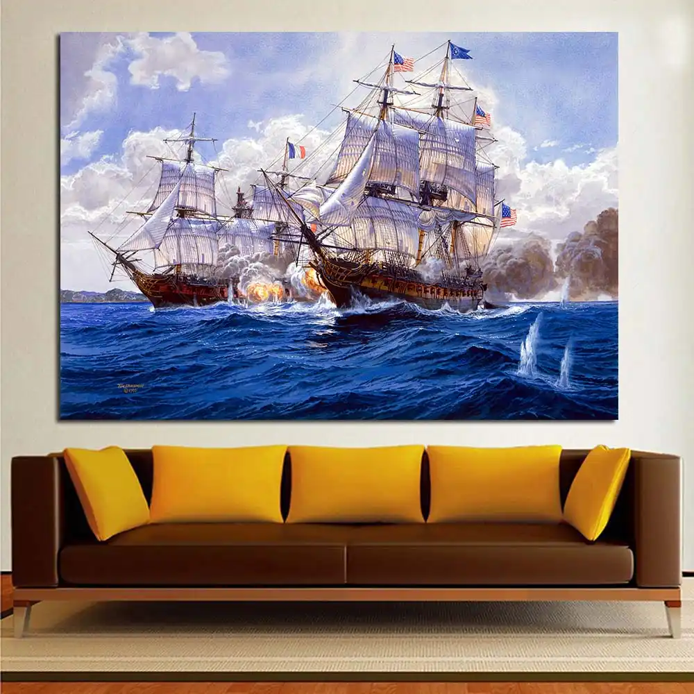 Jqhyartバトル海絵画船海軍銃軍事船家の装飾壁アート絵画壁絵画ピクチャー現代noフレーム 壁アート アートの絵画船 Gooum
