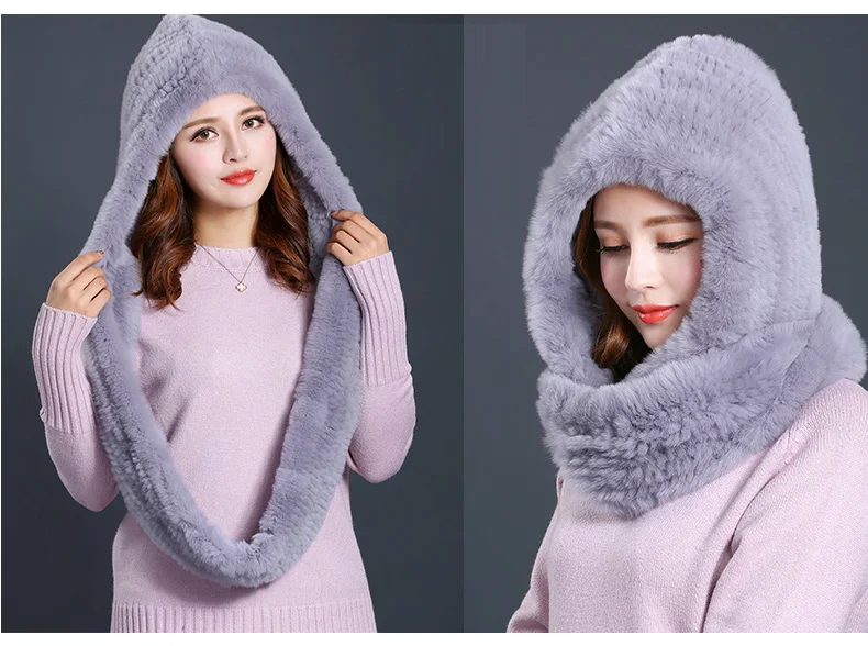 Hat Women 2017 New Knitted Real Rex Rabbit Fur Hat Hooded Scarf Winter Warm Natural Fur Hat With Neck Scarves (11)