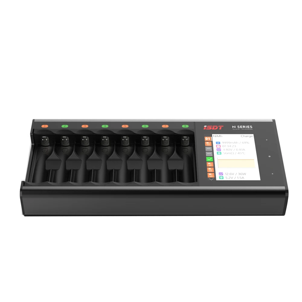 ISDT N8 18W 1.5A 8 Slots LCD AA/AAA 18650 Battery Quick Charger for LiIon LiHv Life NiMh Nicd Nizn
ISDT N8 18W 1.5A 8 Slots LCD AA/AAA 18650 Battery Quick Charger for LiIon LiHv Life NiMh Nicd Nizn