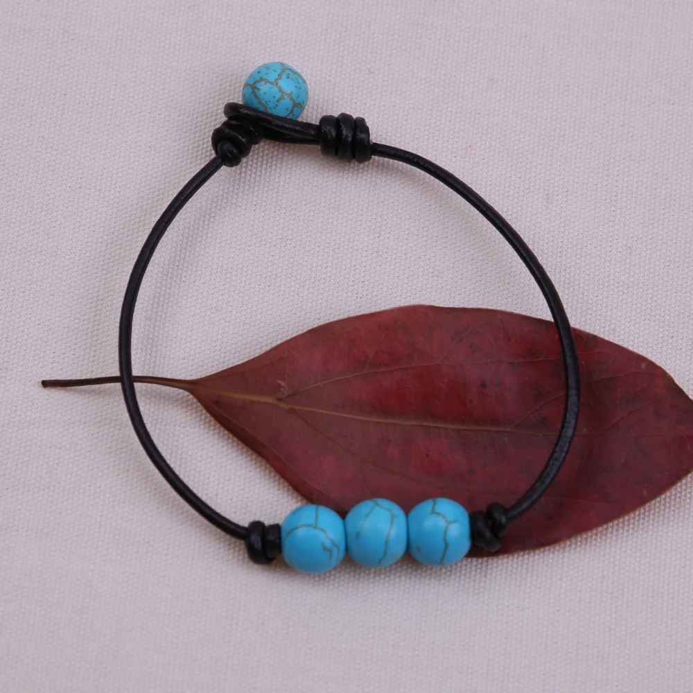 Фото Женский браслет из синего камня кожаный с бусинами ручной работы 10 мм на шнур