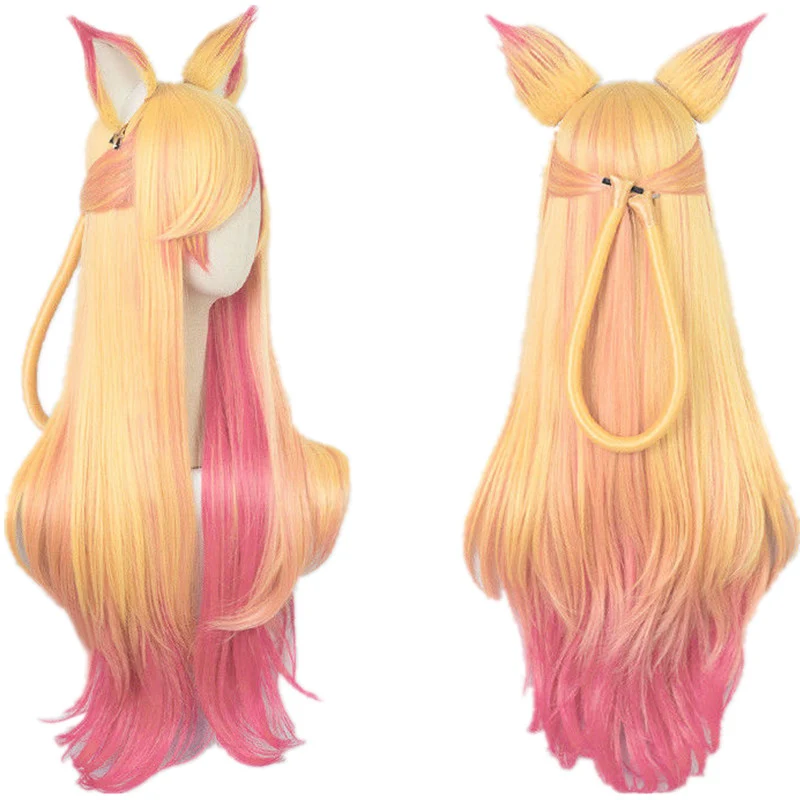 

LOL Ahri Gumiho Star Guardian Golden Pink Mixed Color Ombre Wavy Wave Long Heat Resistant Hair Cosplay Costume Wigs + Wig Cap