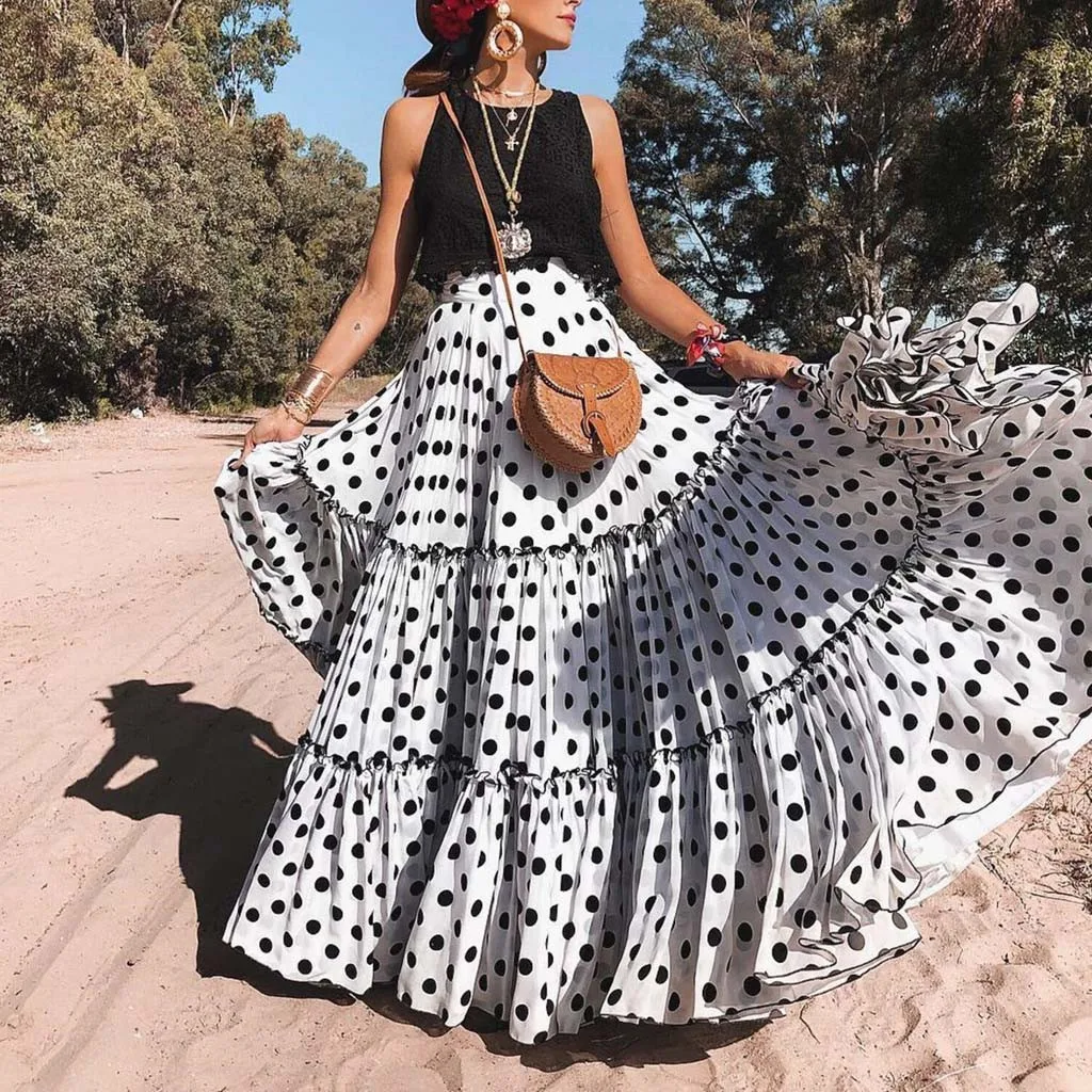 Hem Polka Dot Printed Full Length long Skirt boho summer Women Fashion High Waist Loose Ruffled Pleated Party Skirt Saia Femme
Hem Polka Dot Printed Full Length long Skirt boho summer Women Fashion High Waist Loose Ruffled Pleated Party Skirt Saia Femme