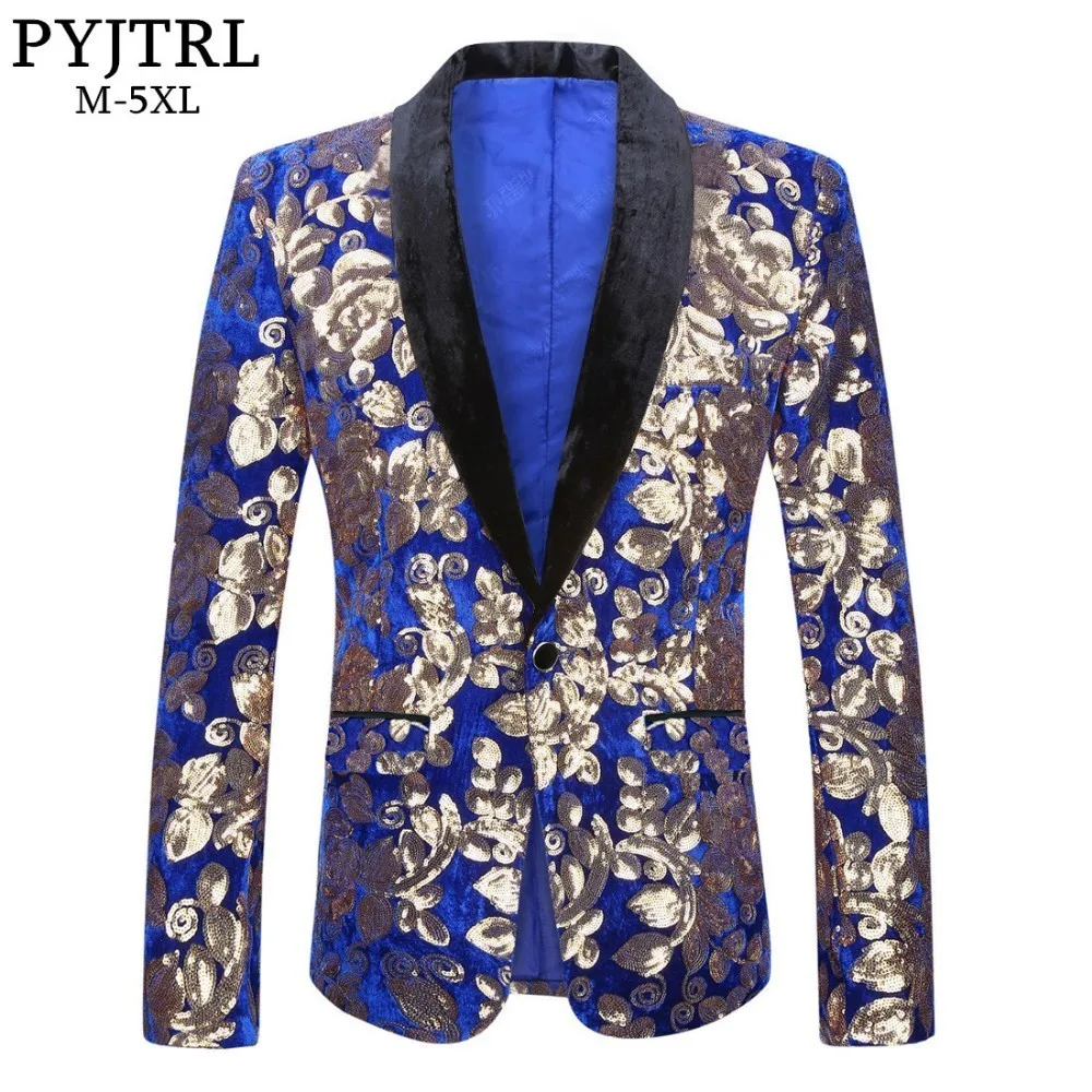PYJTRL Men Stylish Shawl Lapel Royal Blue Velvet Slim Fit Blazer Plus Size 5XL Gold Floral Sequins DJ Singer Wedding Suit Jacket
PYJTRL Men Stylish Shawl Lapel Royal Blue Velvet Slim Fit Blazer Plus Size 5XL Gold Floral Sequins DJ Singer Wedding Suit Jacket