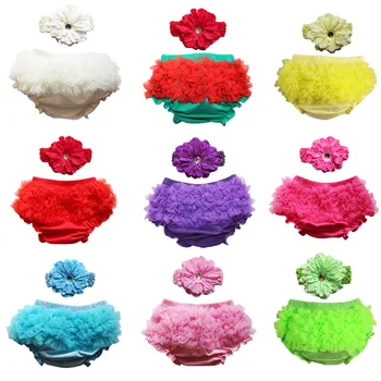 

wholesale Cute Baby Cotton Chiffon Ruffled Bloomers Infant/Toddler Solid Color Shorts Kids Diaper Covers PP Shorts+headband