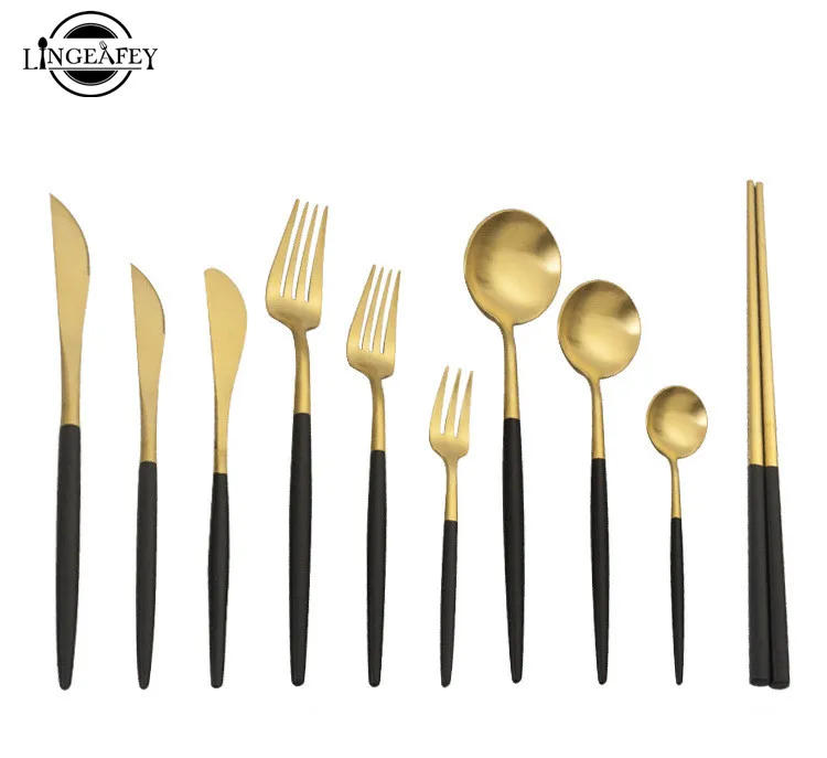 Stainless Steel Cutlery Set New Dinnerware Set Black Handle Gold Dinner Scoop Fork Knife Set Teaspoon Tableware
Stainless Steel Cutlery Set New Dinnerware Set Black Handle Gold Dinner Scoop Fork Knife Set Teaspoon Tableware