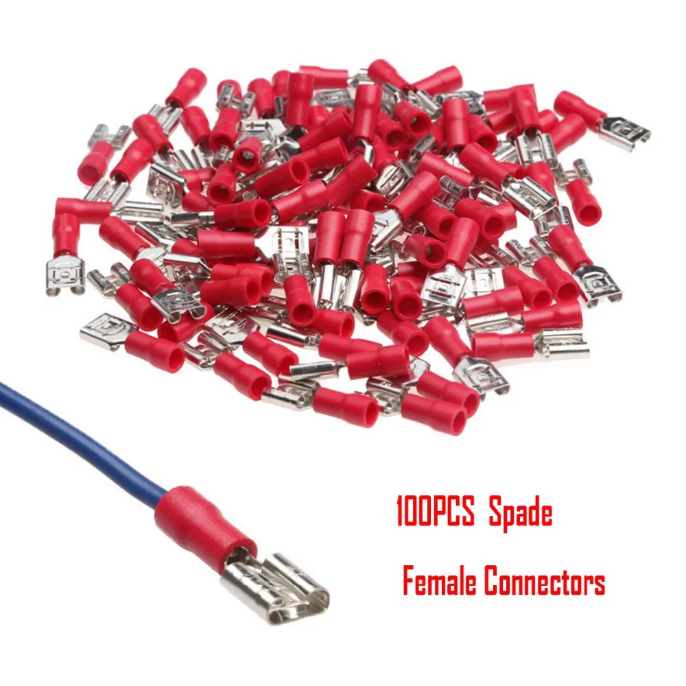 100Pcs 6.3mm Female Terminals Red Quick Spade Wire Connector Insulated Electrical Crimp Terminals Set Quick Disconnects 22-18AWG
100Pcs 6.3mm Female Terminals Red Quick Spade Wire Connector Insulated Electrical Crimp Terminals Set Quick Disconnects 22-18AWG
