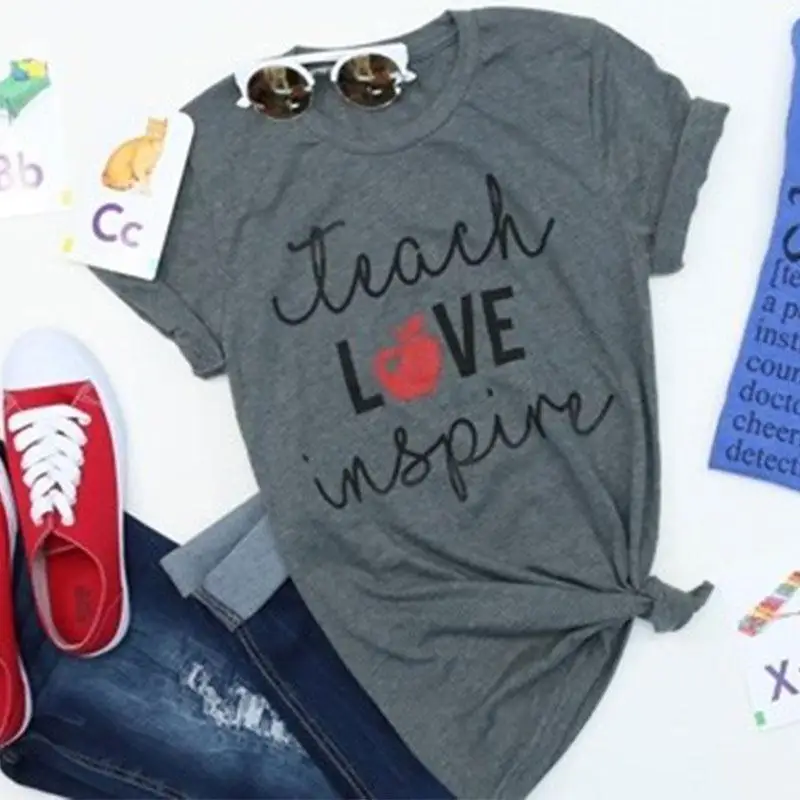 Women T-Shirts Short Sleeve Loose O-Neck Teach Love Inspire apple Print Summer Top Casual Gray Female T shirt Ladies Tops Tee
Women T-Shirts Short Sleeve Loose O-Neck Teach Love Inspire apple Print Summer Top Casual Gray Female T shirt Ladies Tops Tee