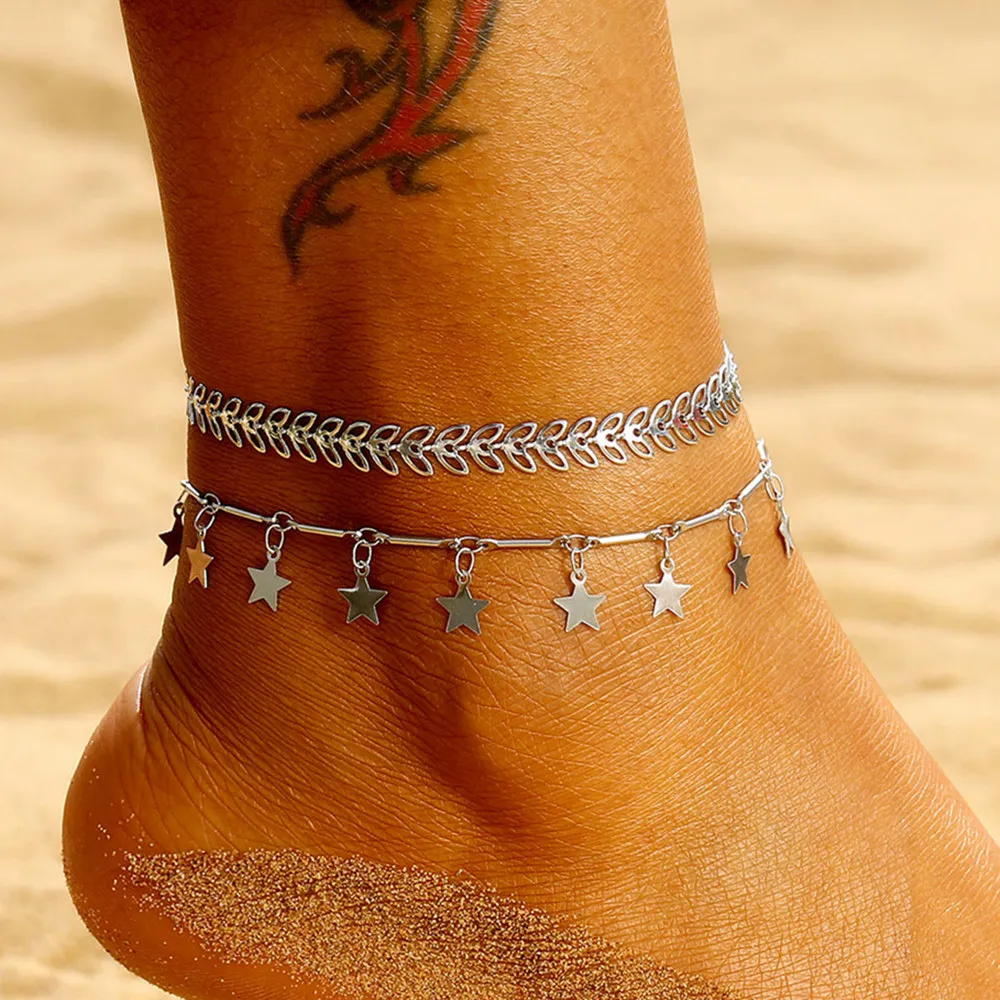 

Fashion Silver Leaf Anklet Set Bohemia Arrow Star Anklet Bracelet For Women Summer Beach Barefoot Sandals Foot Jewelry Leg Chain