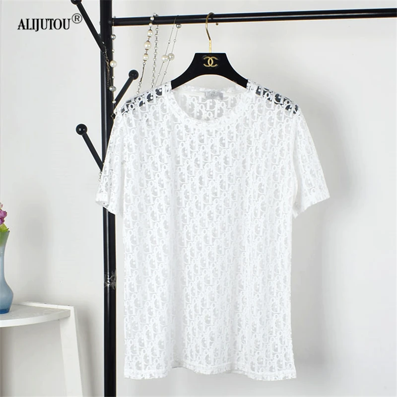 Sexy Perspective Women T-Shirt Summer White Letter Hollow Round Neck Short Sleeve Solid Tshirt Women Casual Lace Fashion Tee Top
Sexy Perspective Women T-Shirt Summer White Letter Hollow Round Neck Short Sleeve Solid Tshirt Women Casual Lace Fashion Tee Top