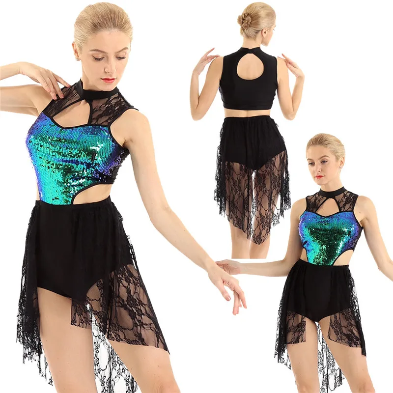 Womens Shiny Sequins Bodice Sleeveless Asymmetric Lace Ballet Dance High-Low Dress Lyrical Dance Modern Contemporary Costume
Womens Shiny Sequins Bodice Sleeveless Asymmetric Lace Ballet Dance High-Low Dress Lyrical Dance Modern Contemporary Costume