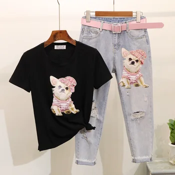 Summer New Cute Beading Sequin Cartoon Dog Short sleeve T shirt Tops + Fashion Broke Holes Seven Points Jeans Two Piece Outfits
Summer New Cute Beading Sequin Cartoon Dog Short sleeve T shirt Tops + Fashion Broke Holes Seven Points Jeans Two Piece Outfits
