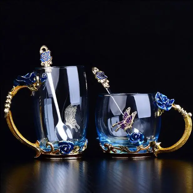 Эмалированная стеклянная кофейная чайная кружка с голубыми розами набор