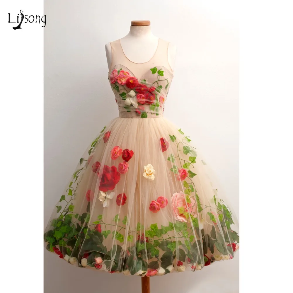 

Pretty 3D Rose Flower With Leaf Tulle Formal Party Dresses Champagne Knee Length Cocktail Dress Prom Gowns Vestido De Formatura