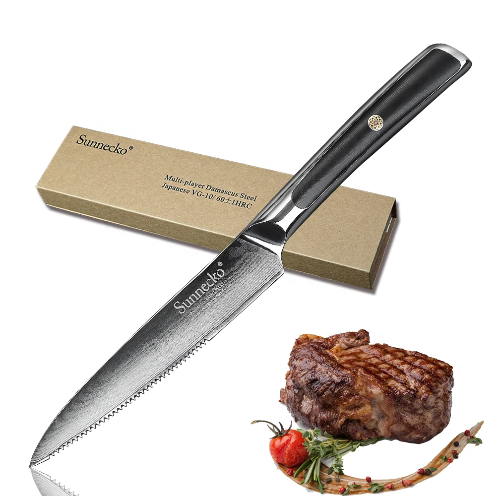 SUNNECKO Premium 5 inch Steak Knives Damascus Japanese VG10 Core Steel Blade Kitchen Knives Sharp Meat Cutter Knife G10 Handle
SUNNECKO Premium 5 inch Steak Knives Damascus Japanese VG10 Core Steel Blade Kitchen Knives Sharp Meat Cutter Knife G10 Handle