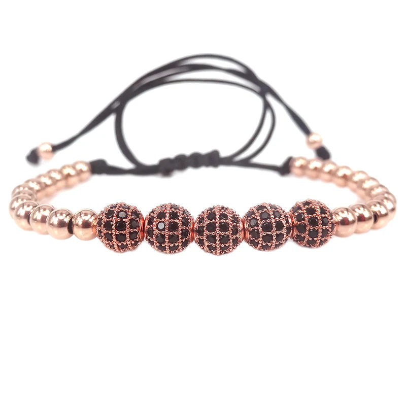 Brand Rose Gold stainless steel Bracelets 6mm Pave Setting Black CZ Beads Braided Macrame For Men & Women Best Gift | Украшения и