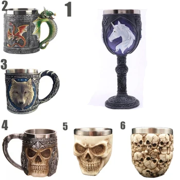 

Halloween Unusual Stainless Steel Gothic Goblet Party Creative Drinking Glass 3D Skull Skeleton Punk Wine Glasses Whiskey Cups