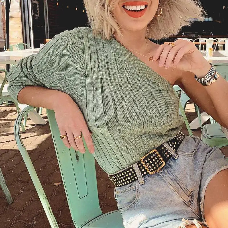 Фото Misswim Sexy one shoulder knitted sweater women 2019 Autumn winter jumper pullover Ribbed green female knitwear Chic sweaters | Женская