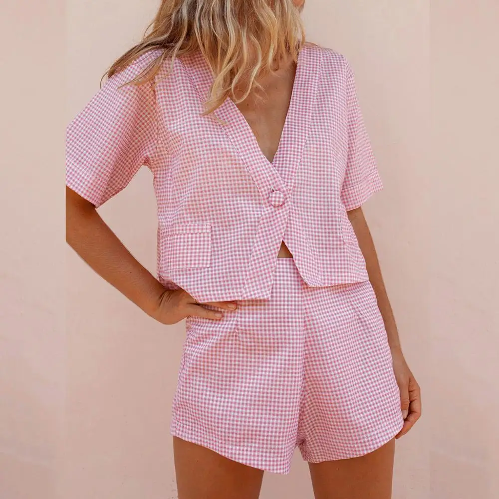 Women V Neck Slim Summer Cotton Temperament Suit female plaid two piece set shorts pink new 2019 fashion conjuntos de mujer
Women V Neck Slim Summer Cotton Temperament Suit female plaid two piece set shorts pink new 2019 fashion conjuntos de mujer