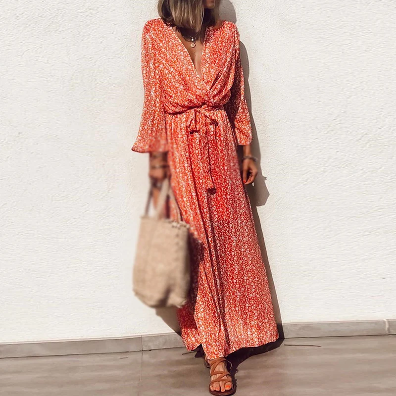 Elegant Sexy Women Dress Ladies Beach Summer Front Tie Maxi Stylish Holiday V Neck Belt A-line Dress
Elegant Sexy Women Dress Ladies Beach Summer Front Tie Maxi Stylish Holiday V Neck Belt A-line Dress