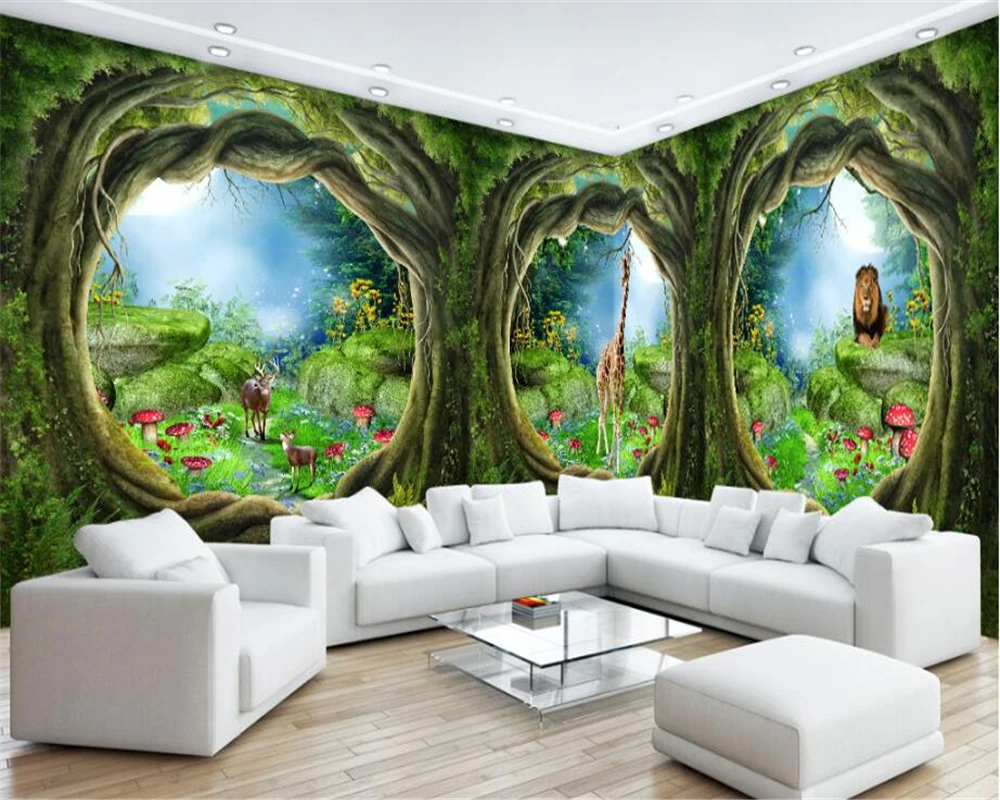 

beibehang papel de parede 3d wallpaper stereoscopic fashion seductive wall paper dream forest trees animal theme house murals