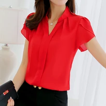 Grande taille Blouse femmes 2019 été à manches courtes rouge bureau dames en mousseline de soie chemise élégant travail Top décontracté femme vêtements(China)