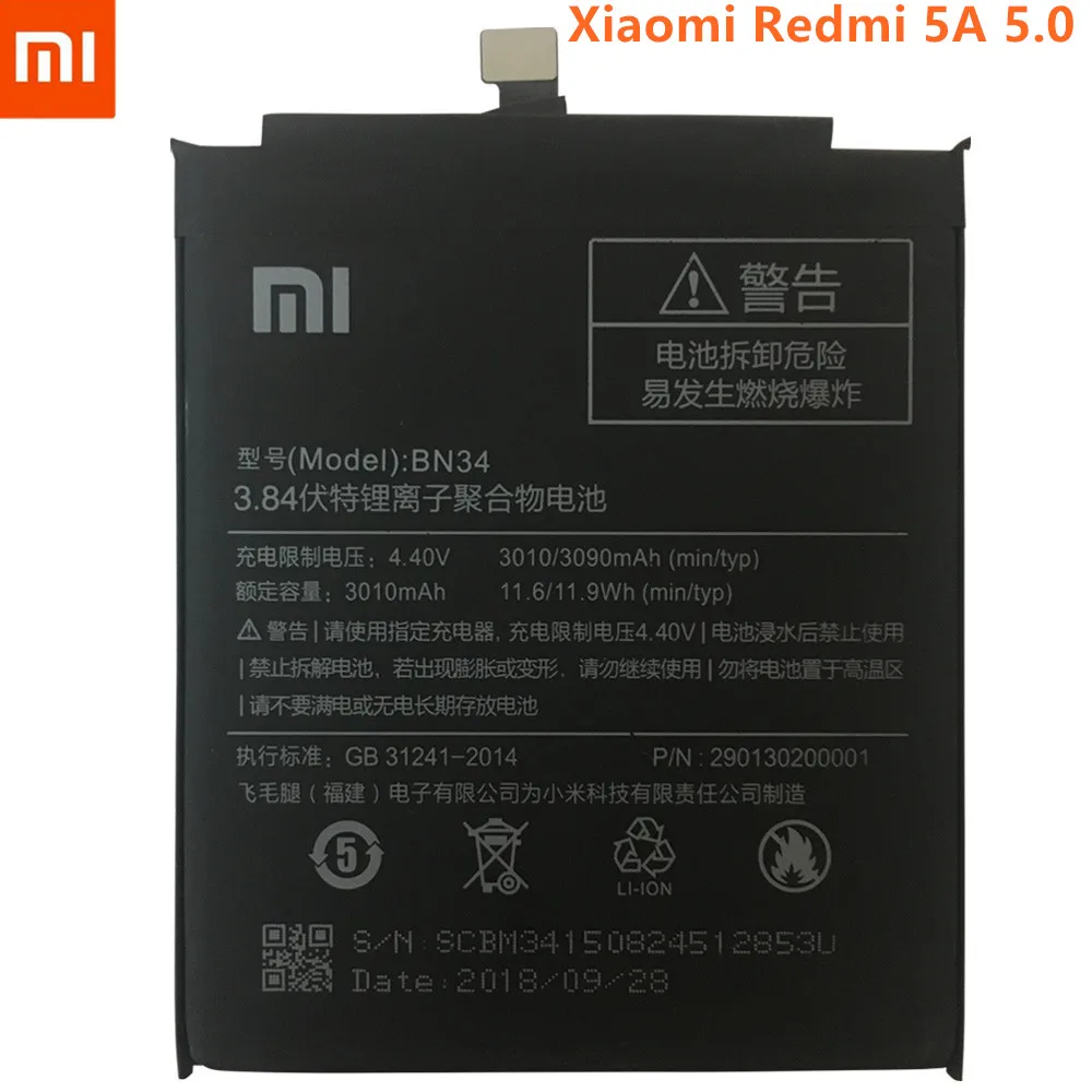 Xiao Mi Original Phone Battery BN34 for Xiaomi Redmi 5A 5.0" Replacement Battery 2910mAh High Capacity Phone Batteries
Xiao Mi Original Phone Battery BN34 for Xiaomi Redmi 5A 5.0" Replacement Battery 2910mAh High Capacity Phone Batteries